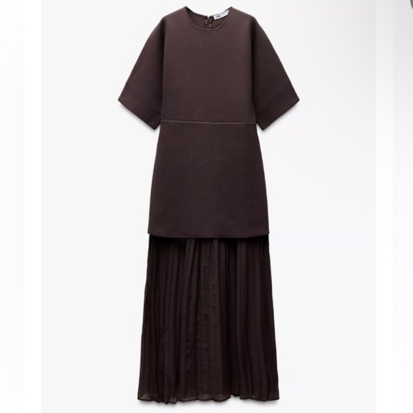ZARA BROWN PLEATED COMBINATION DRESS - Picture 4 of 5